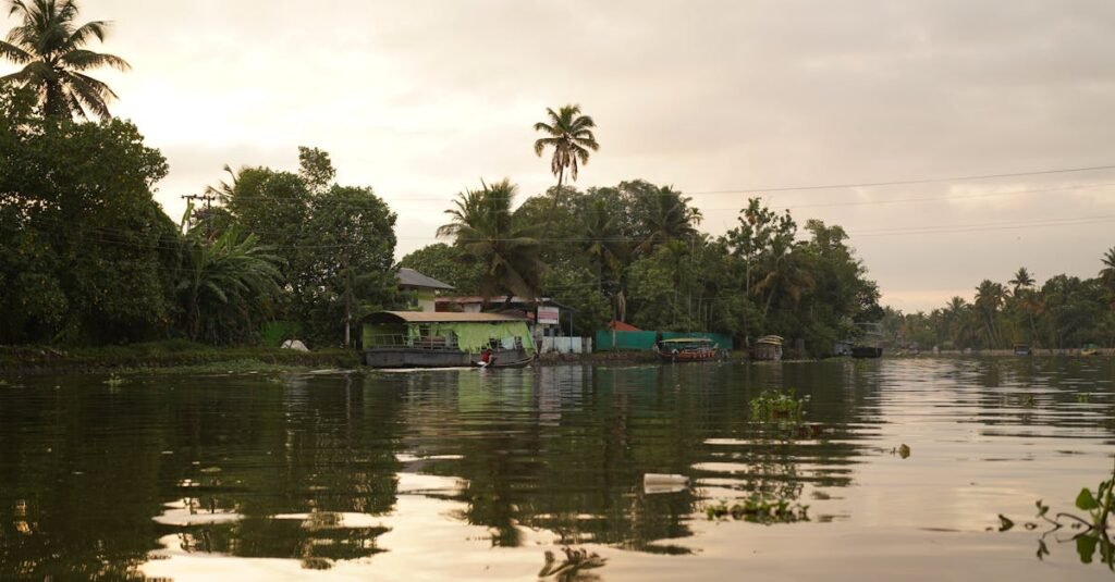 Scenic view of the Alappuzha backwaters at sunset with lush greenery and tranquil water reflections.